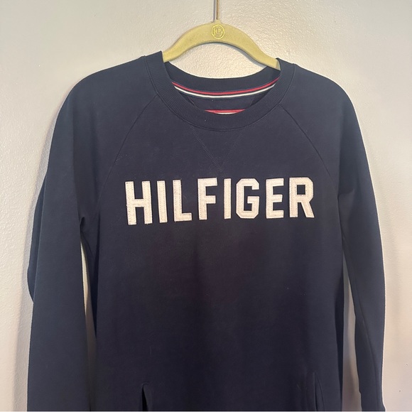 Tommy Hilfiger Size XS Fleece Spellout Tunic Sweatshirt Navy Blue - Picture 3 of 11